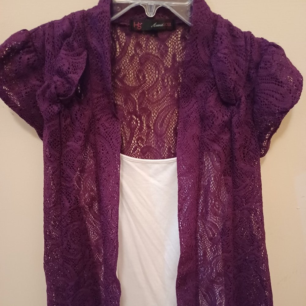 Heart Soul purple wine open front cardigan w/attached cami shirt tank Women's S